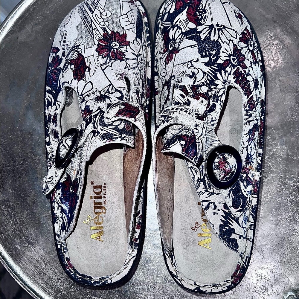 Alegria Women's Floral Mules - Black, White, and Red